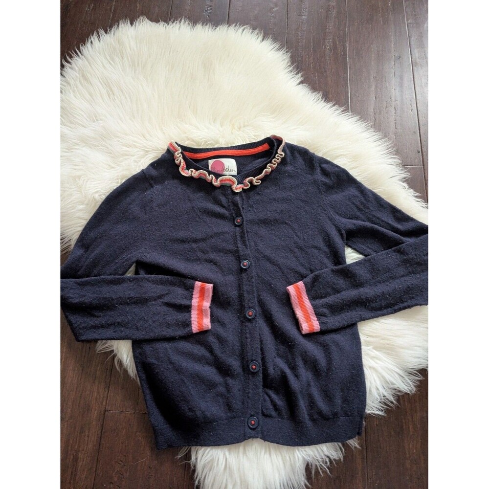 Mini Boden Navy Cardigan Coral Striped Trim Collar Wool Blend Size 9-10y